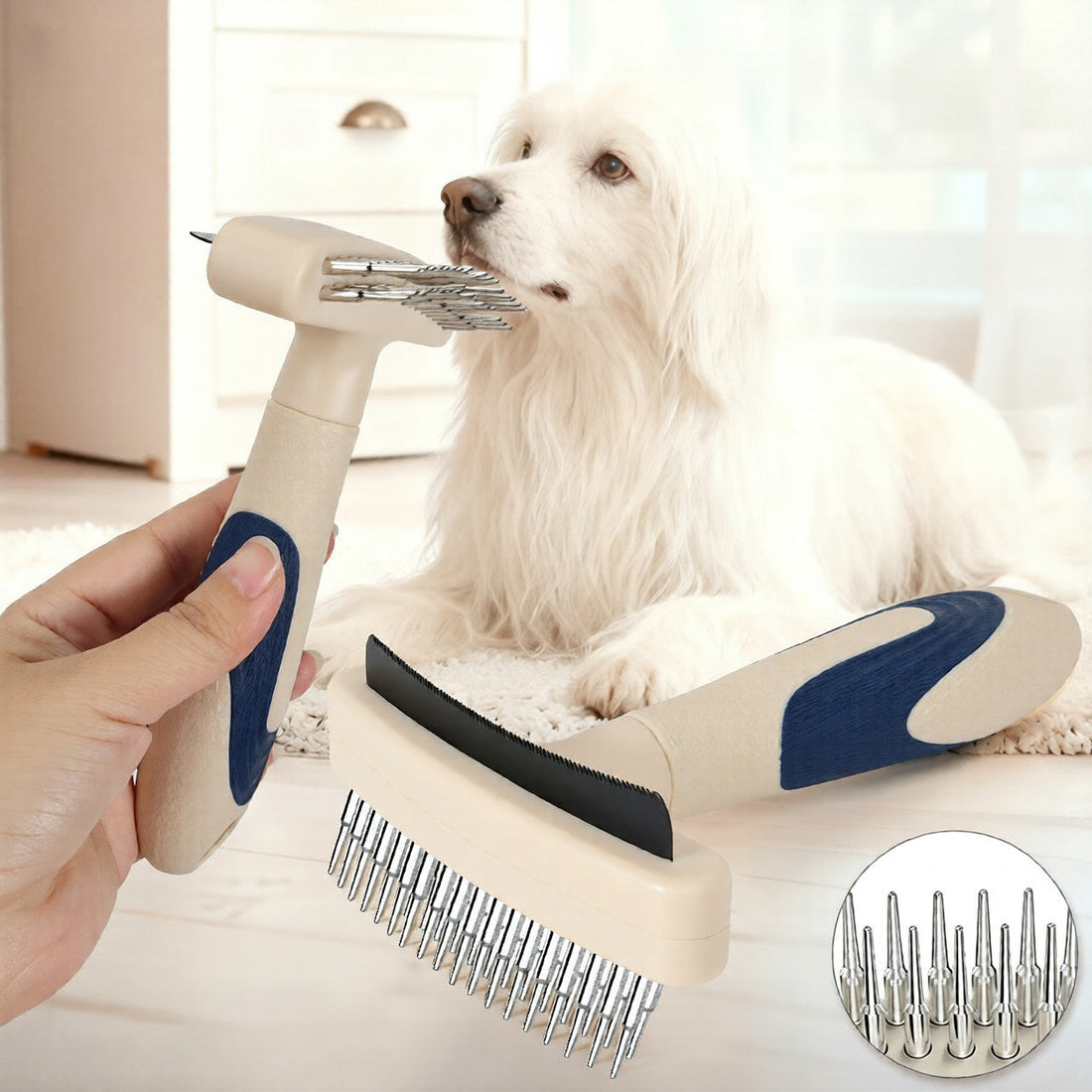 Pet grooming brush for removing loose and dead hair and detangling fur, from EverNest Living's pet grooming range