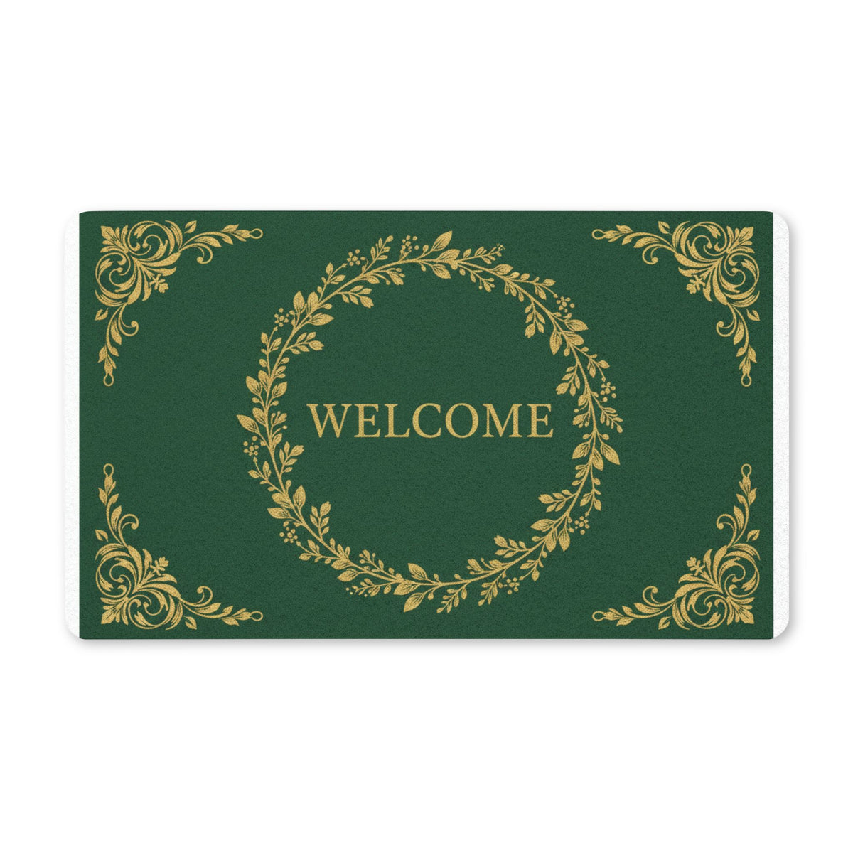 Welcome Wreath Doormat — Green & Gold Decorative Polyester Door Mat