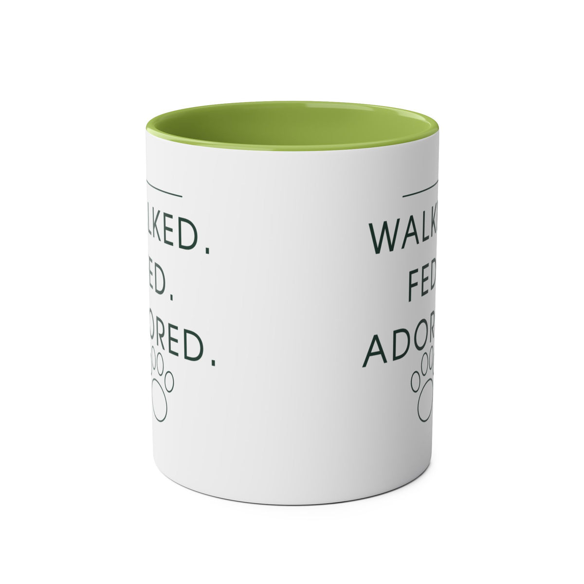Walked. Fed. Adored. Coffee Mug — Black Two-Tone 11oz